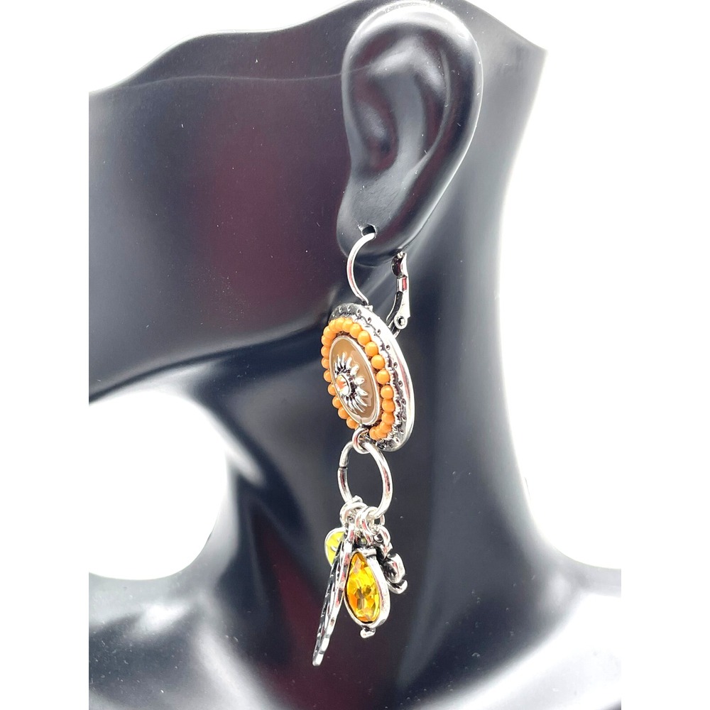 Tribal Celestial Charms Style Silver Tone Amber Dangle Drop Pierced Earrings - Picture 6 of 16